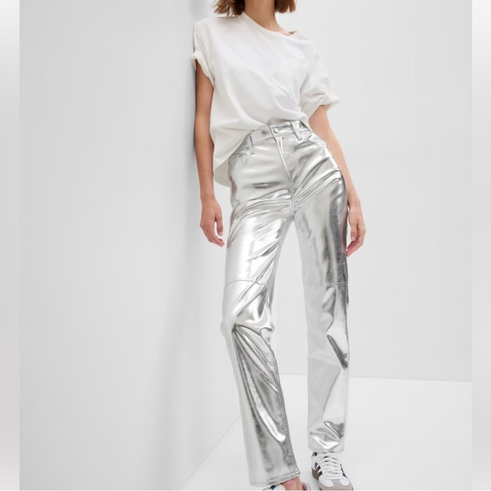 NWT High Rise Vegan Leather Cheeky Straight Pants silver